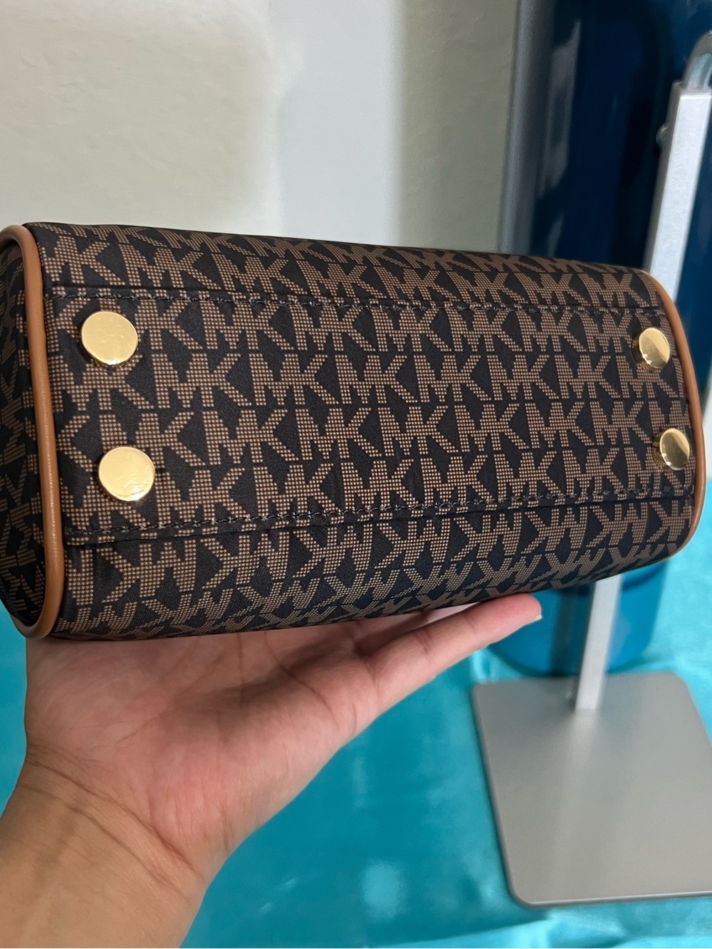 Michael Kors Grayson Brown MK Monogram Woven Duffle Satchel crossbody bag - Picture 2 of 7